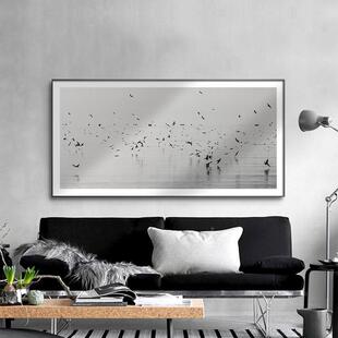 鸟飞现代简约卧室床头画QB202306玄黑白摄影风客厅横版店挂画酒关