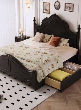 黑色安床米的床娜实木箱8体储物美式复古床主卧双人床EUZ榉木1实