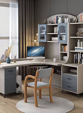 实木电公脑办桌家桌用转MVX角书桌书柜一体多功能学生写字学桌习