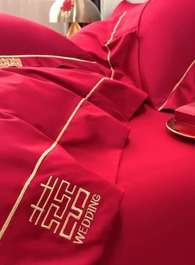 高无品牌/档简约100新婚庆四件套棉大红色刺绣结婚被品套婚备用棉