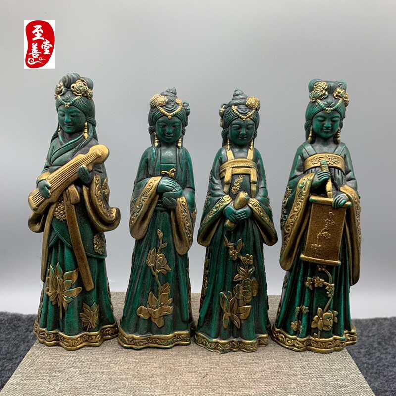 古玩收藏仿绿松石描金 琴棋书画73四大美女摆件客厅装饰