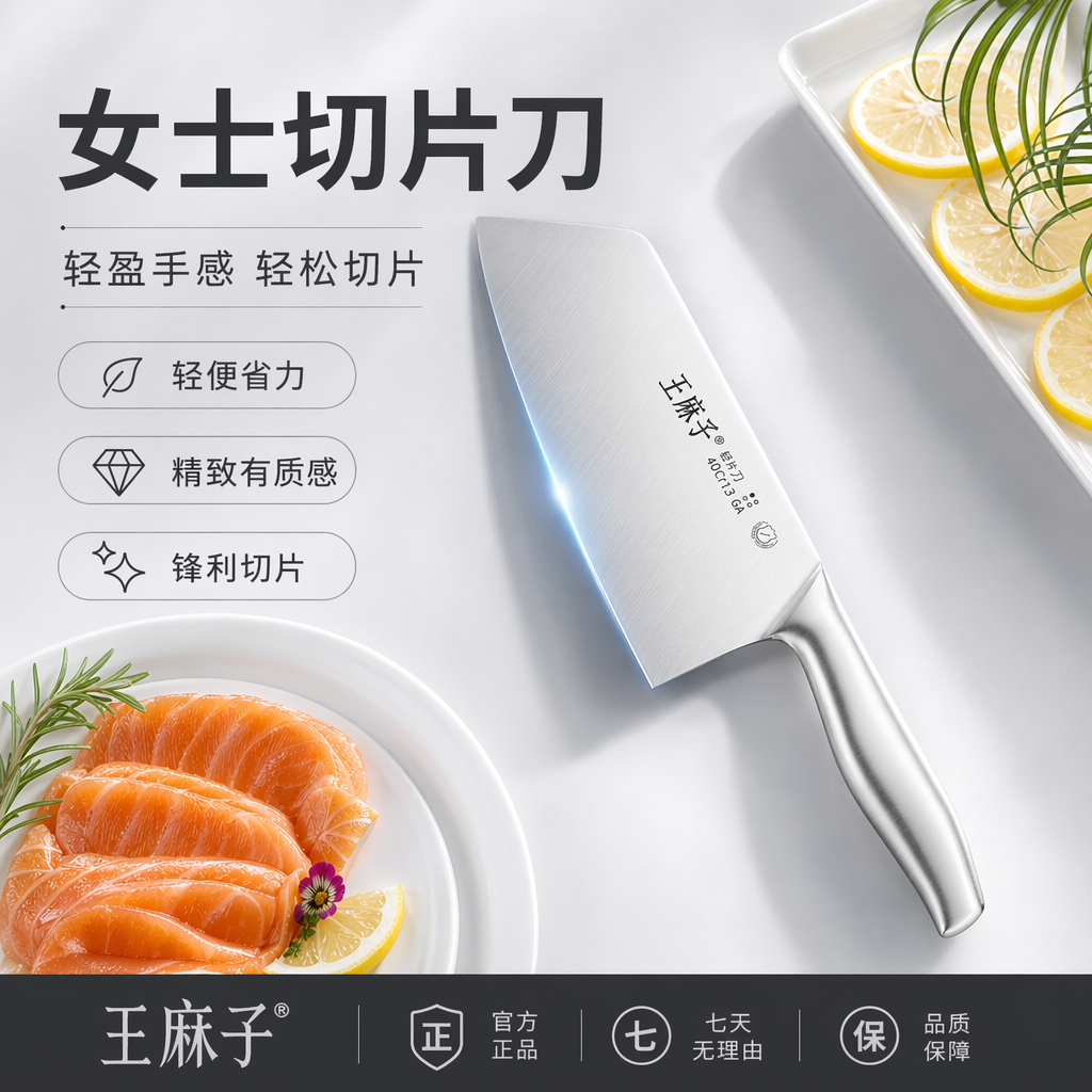 王麻子菜刀女士家用锋利专用切片切菜切肉不锈钢轻片全钢一体刀具