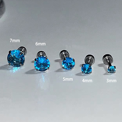 超闪蓝色锆石耳骨钉冷感钛钢平底螺丝养耳睡觉免摘耳蜗钉海蓝耳钉