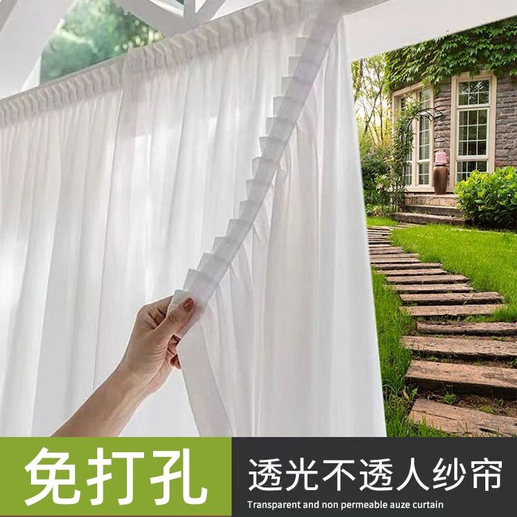 纱帘魔术贴自粘贴式窗帘免打孔安装飘窗内开窗专用透光不透人钉制