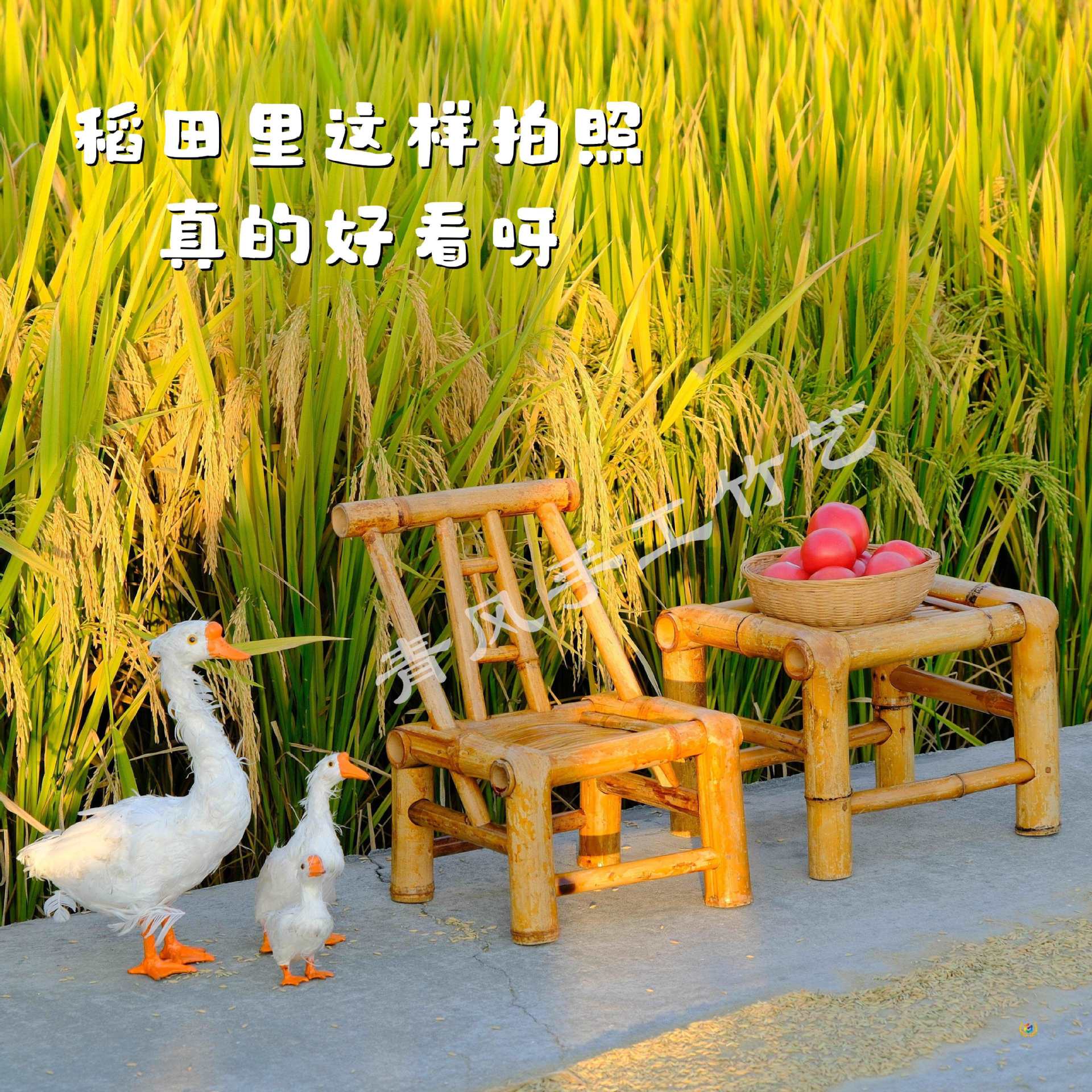 田园风竹椅儿童椅复古拍照手工编制手工小竹凳新中式摄影竹椅