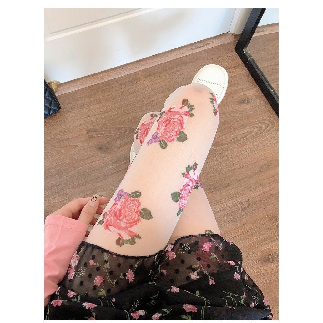 白丝白女春夏薄款法式复古玫瑰花色XDK连裤袜黑防勾丝打袜底日系j