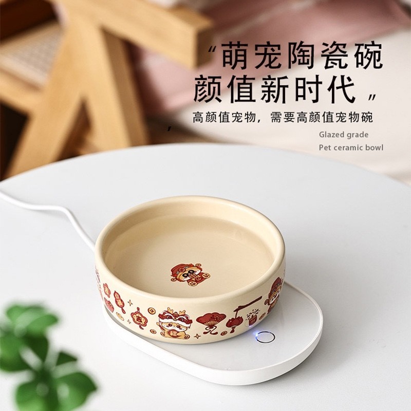 猫咪恒温加热饮水机 可爱卡通龙年新款暴富猫咪水碗陶瓷碗猫饭碗