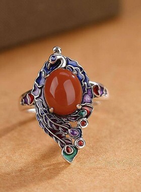 2024新银南红景泰蓝凤凰气质女士戒指复古民族风做旧个性开口指环