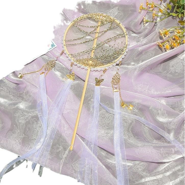 德国工艺儿童古风汉服团扇宫扇绣86266刺摄花扇扇子女式掌走秀拍