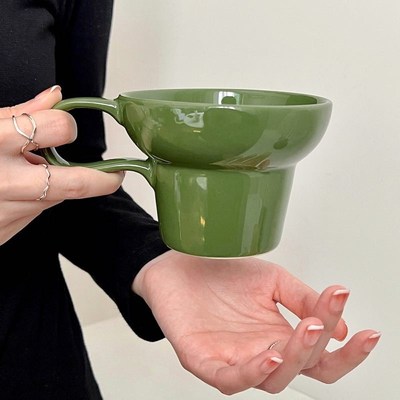 速发Ch水b 复古浓绿宽口马克杯陶瓷u杯咖啡杯小众水杯