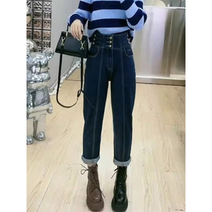 子梨型身材宽高黑色哈伦裤 速发大码 春秋裤 松腰直仔牛筒裤 装