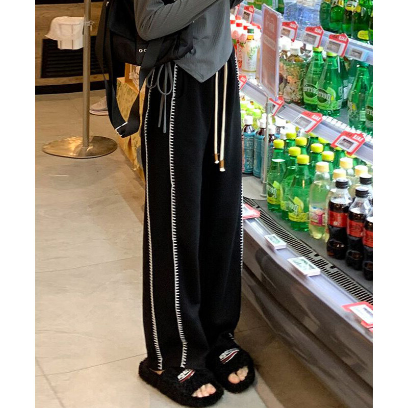 速发黑色条纹运季动春裤新款高腰垂感休闲裤胖妹妹mm宽松直筒裤