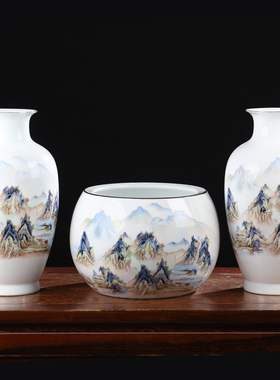 速发高白山水观音瓶聚宝盆三件居景客镇陶瓷器花瓶摆件德厅家套装