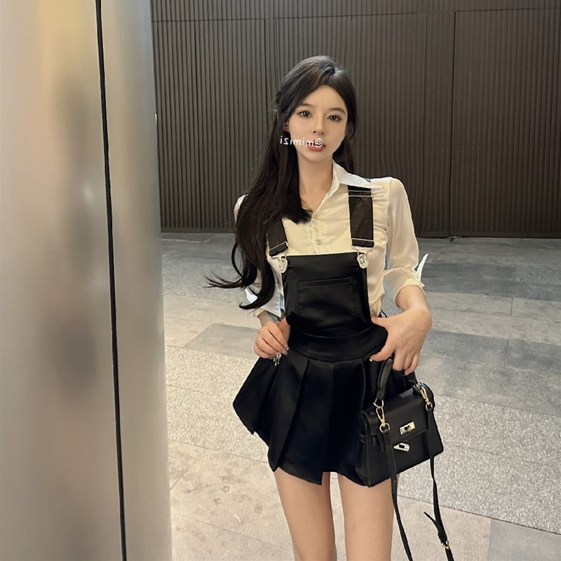 新款大码胖mm甜酷高级感长袖白色衬衫背带百褶Q短裙女辣妹显瘦两