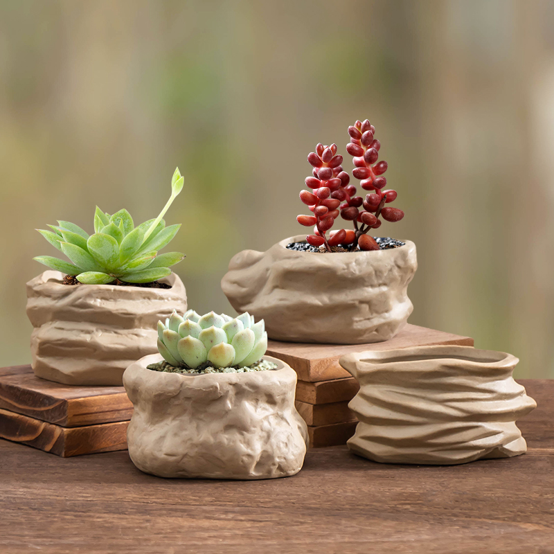 速发创意盆石多肉粗陶花盆小号透气肉肉仿栽带托盘家用桌面盆栽