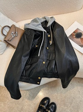 速发连套黑色小皮衣短帽春秋2024新款复古百搭机车服pu夹克外款上