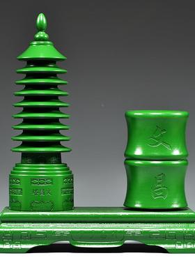 绿色桃木质雕刻9九层文层昌塔笔筒摆件公客厅公司办室书桌XCYZ013
