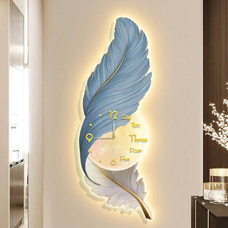 le挂d带灯钟档表时钟羽毛轻奢高大WMD廊气正对门玄关装饰画过道走