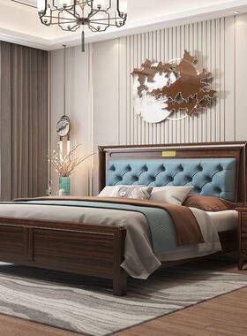 新中乌金木式实木床KJQ1.8米主双人床卧现轻奢1代.5米气压家用软