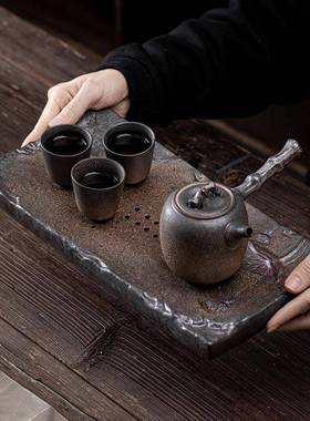 爱式莲干说泡茶盘日小号长方形粗陶储式水干泡台家用鎏PXLD2021金