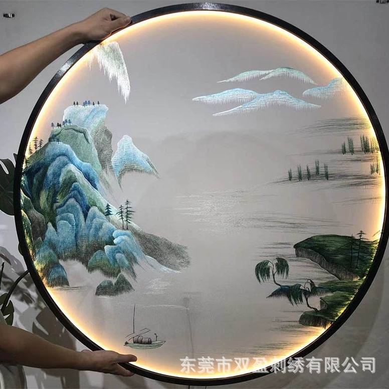 苏绣双面机器刺绣半透明纱布画屏风入户玄关隔断居家装饰台双面绣