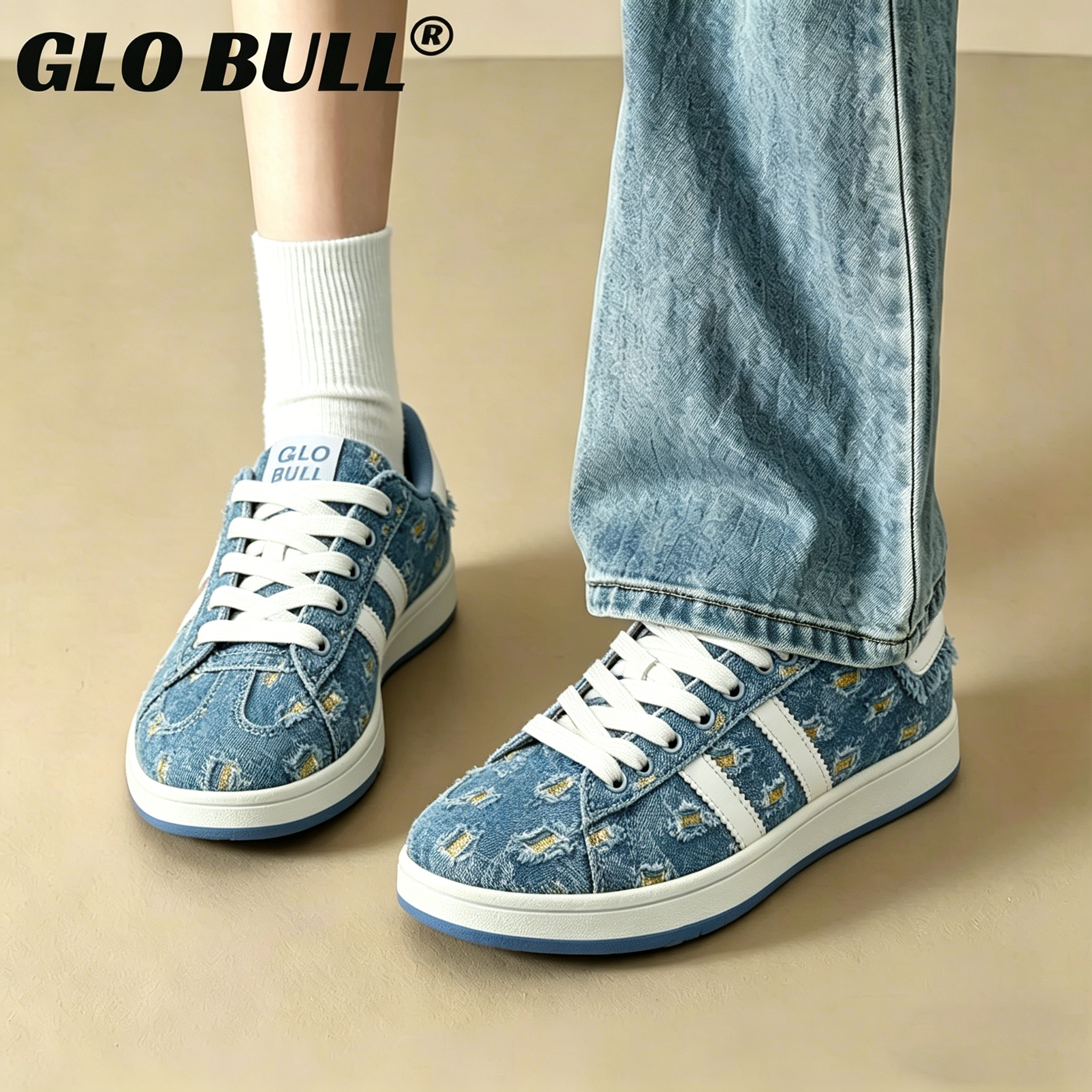 GLOBULL夏季牛仔破洞板鞋