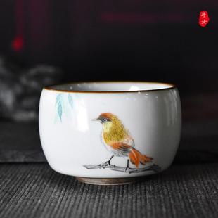 斗汝富贵红雀纯手工手绘主人杯汝窑开片花鸟茶杯景德镇陶瓷品茗杯