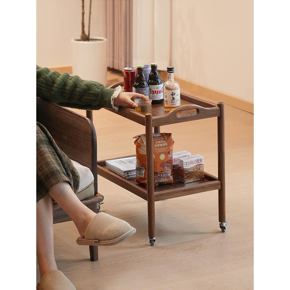 北美黑胡桃木实木边几家用客厅小推车带滚轮可移动沙发角几小茶几