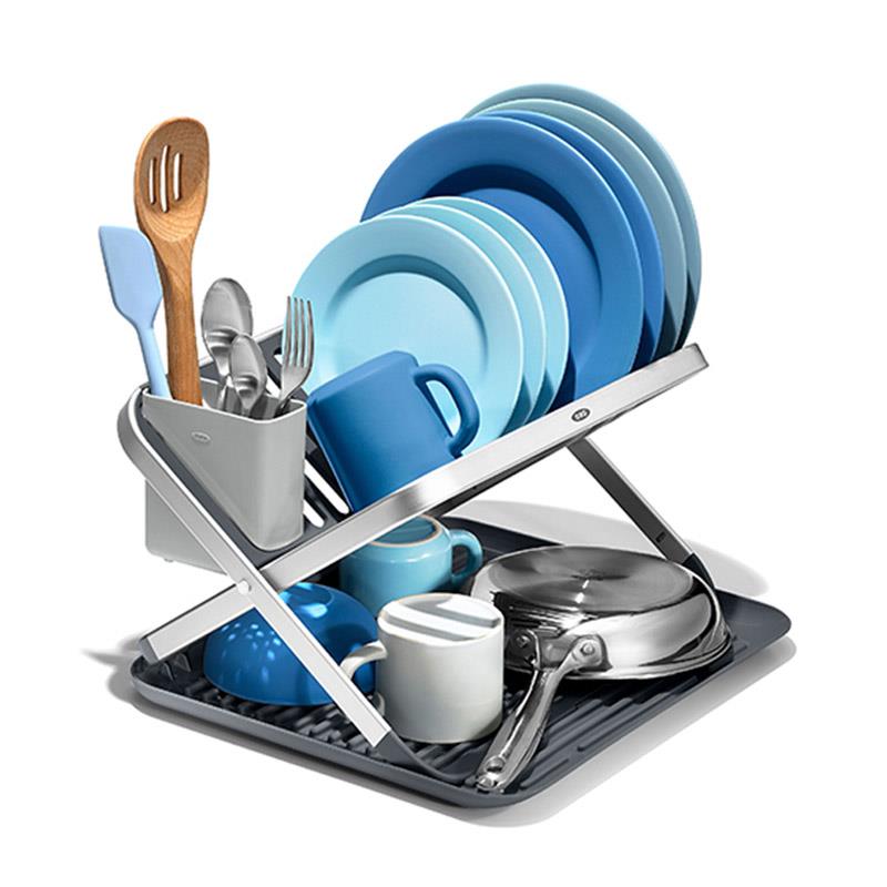 美国OXO奥秀铝合金沥水碗碟架多功能可折叠沥水架碗盘收纳置物架