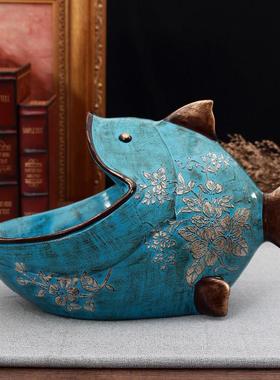 创意家居装饰品入户玄关收纳摆件进门口放钥匙的收纳盒大嘴鱼怀旧