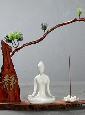 辉道 瑜伽人物配木底摆件瑜伽馆开业礼品现代简约家居客饰品摆设