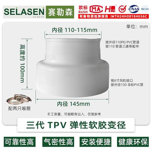 新风管道通风机150转110软变径接头TPV环保大小头主机法兰软连结