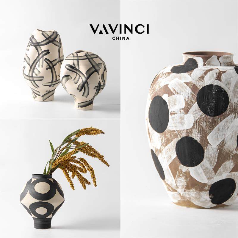 梵其新中式覆古水墨纹陶瓷花瓶干 干燥花插花器摆件样板间样品屋