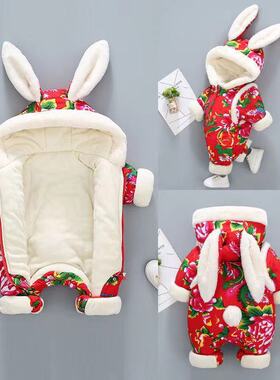 婴儿东北大花棉袄连体衣女宝宝加绒加厚冬季外出棉服新生儿新年装