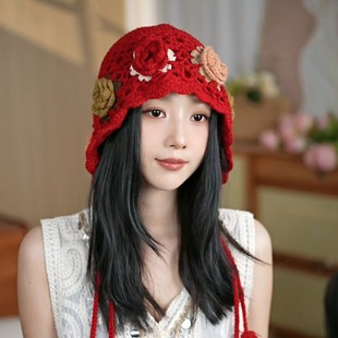 民族风手工钩花针织帽子女秋冬2025新款保暖毛线帽显脸小流苏帽女
