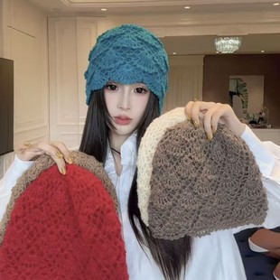 韩系手工钩花镂空马海毛针织毛线帽子女秋冬季保暖百搭包头帽冷帽