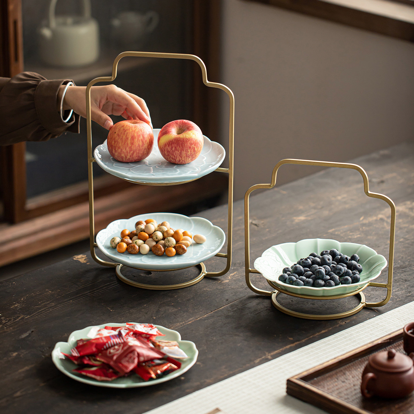 清山胡同双层手提陶瓷餐盘果盘创意中式茶点盘零食盘家用点心盘子