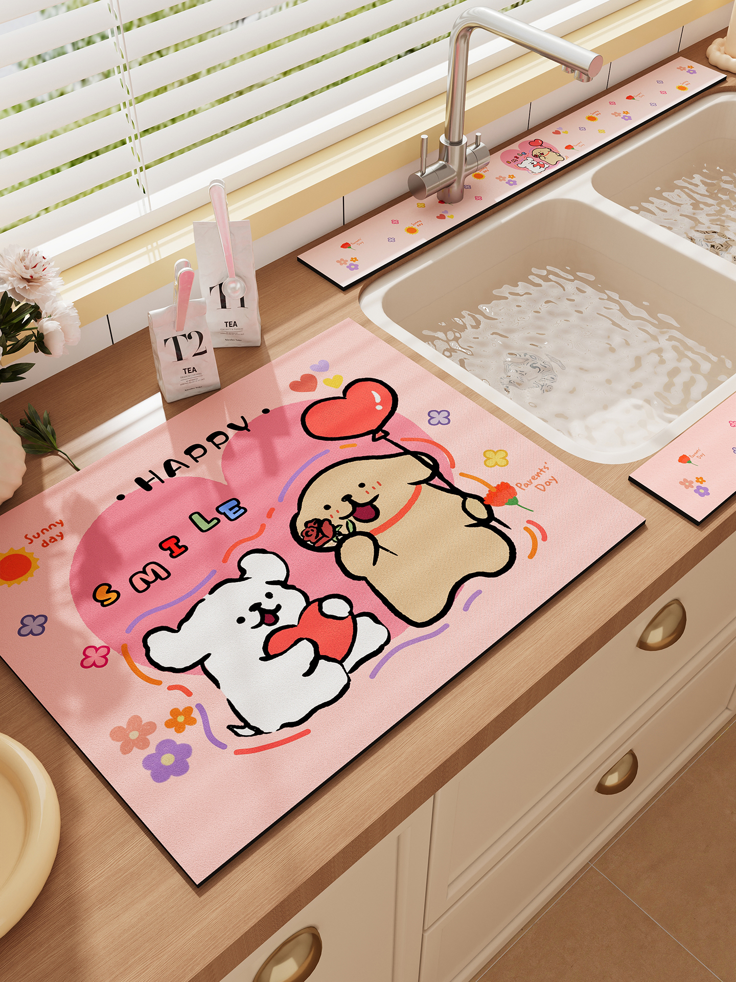 粉色小狗水龙头沥水垫厨房台面保护垫洗手台吸水垫硅藻泥防溅水垫