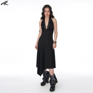 珠花V领不规则露背连衣裙 TIE 弹力休闲中古约会简约暗黑 THE RIP