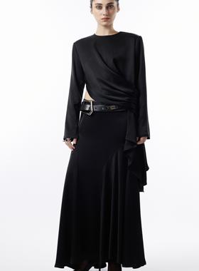 RIP THE TIE【明星同款】高级气质黑色醋酸套装设计感上衣半裙