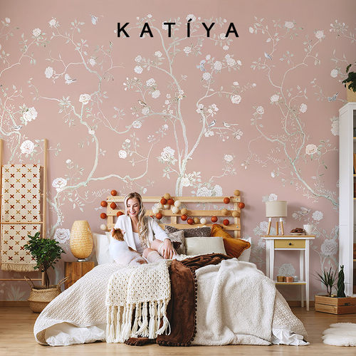Katiaya新中式复古淡粉色墙布电视背景墙壁纸卧室花鸟装饰定制壁