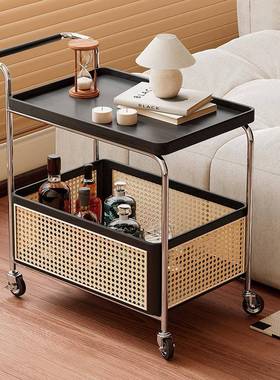 实木可移不动几锈钢收纳中古小推车餐客厅储物藤编置物架简EIP边