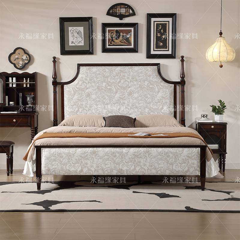 美式复古实木床中古风法式复古床1米8双人大床中古风主卧轻奢婚床