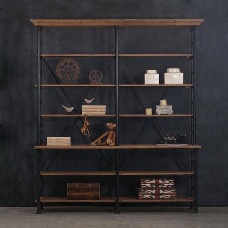 美式复古铁艺书架实木仿古书柜做旧置物架搁板展示柜陈列架工业风