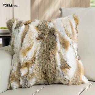 发现代约青灰兔黄棕色兔毛抱枕客厅靠枕套卧室飘窗靠垫沙轻简奢样