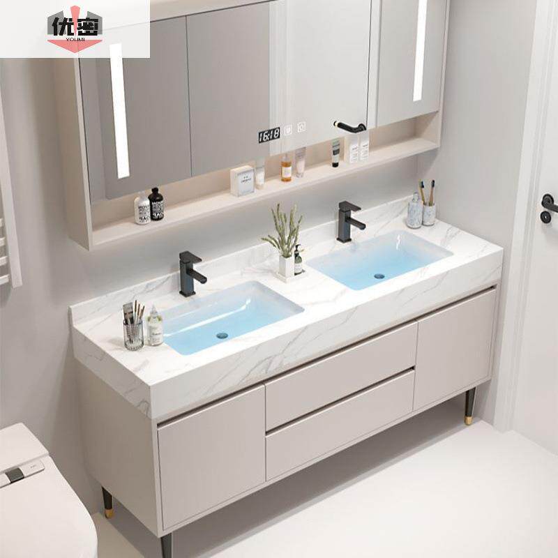 奶油风缝浴室柜175组落地柜款无岩板一体盆卫合生间洗手洗漱双盆