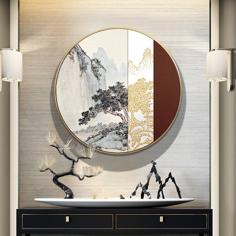 新中式玄关装饰画圆形抽象山水画卧室床头挂画走廊尽头壁画入墙画图片