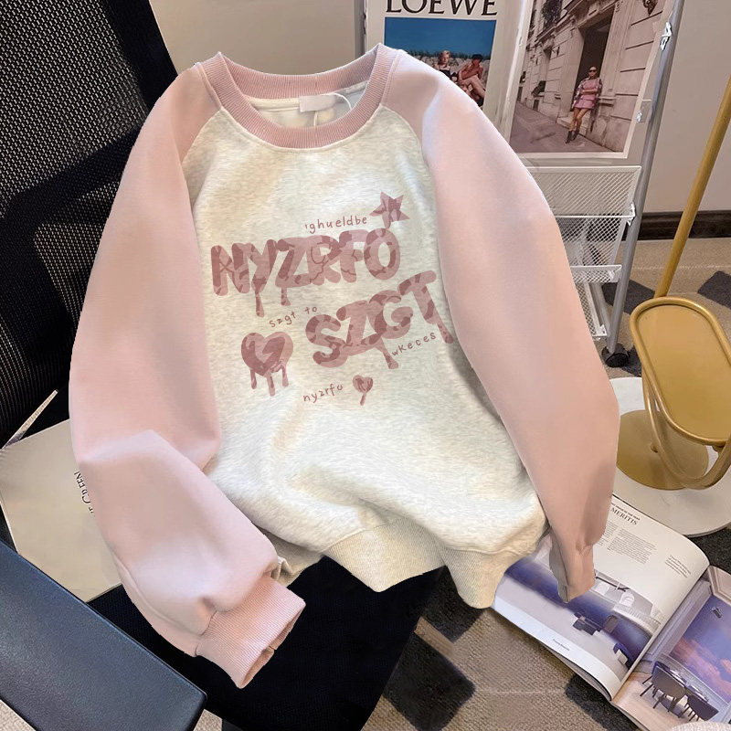 速发大码宽松秋袖卫衣长冬加绒粉色插肩上甜酷外套袖衣