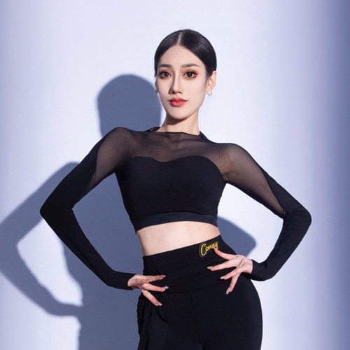速发新款时尚功丁舞练网服装士跳舞蹈服国标舞上衣拉纱长袖