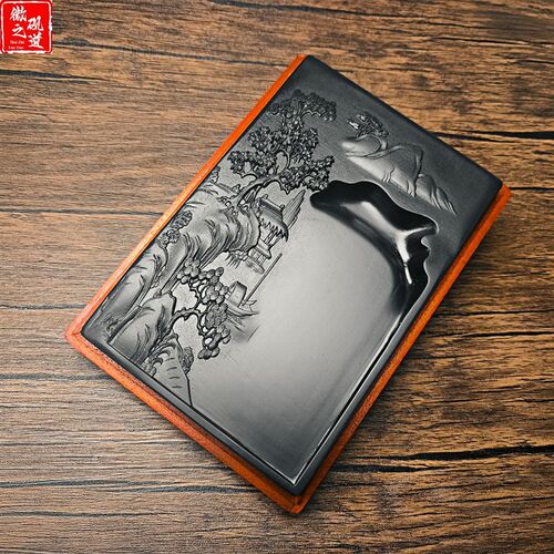 安徽歙砚天d然原石古风意境山水砚带实木盒砚台书法文房品赠礼收